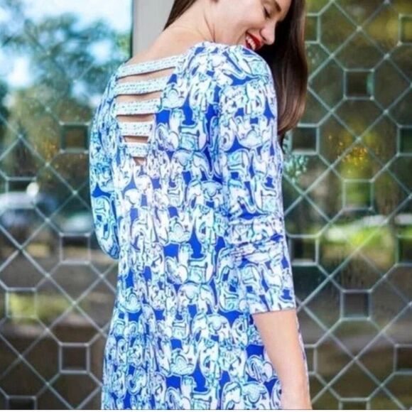 Lilly Pulitzer Ophelia Swing Dress in Get Trunky Size M blue white elephant prin - Picture 2 of 10